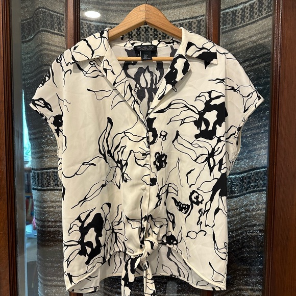 Rachel Zoe Black and White Abstract Floral Button Down Shirt Tie Front - Picture 1 of 6